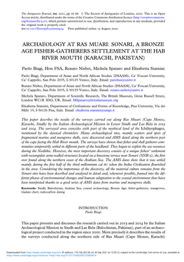 Archaeology at Ras Muari: Sonari, a Bronze Age Fisher-Gatherers Settlement at the Hab River Mouth (Karachi, Pakistan)