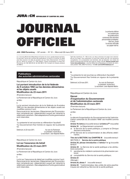 Journal Officiel De La République Et Canton Du Jura » Paraît Chaque Semaine, Tarif Des Insertions : Fr