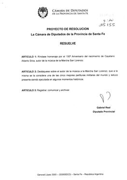 3S 1 $S PROYECTO DE RESOLUCION La Camara De Diputados De La Provincia De Santa Fe