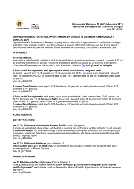 Comunicato Stampa Da GIOVEDÌ 19 DICEMBRE a MERCOLEDÌ 1