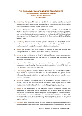 THE BUKHARA DECLARATION on SILK ROAD TOURISM Fourth International Meeting on the Silk Road Bukhara, Republic of Uzbekistan 27 October 2002