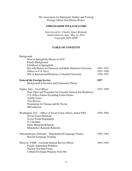 1 the Association for Diplomatic Studies and Training Foreign Affairs Oral History Project AMBASSADOR WILLIAM LUERS Interviewed