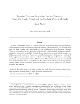 Eurasian Economic Integration: Impact Evaluation Using the Gravity Model and the Synthetic Control Methods