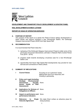 Data Label: Public Development and Transport Policy Development & Scrutiny Panel Rail Developments in West Lothian Report By