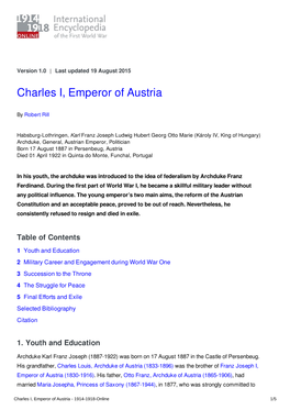 Charles I, Emperor of Austria | International Encyclopedia of The