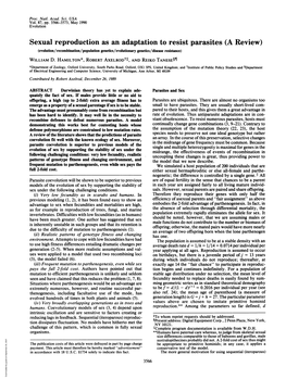 Sexual Reproduction As an Adaptation to Resist Parasites (A Review) (Evolution/Recombination/Population Genetics/Evolutionary Genetics/Disease Resistance) WILLIAM D