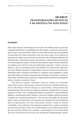 Quarup: Transformações Do Ritual E Da Política No Alto Xingu*