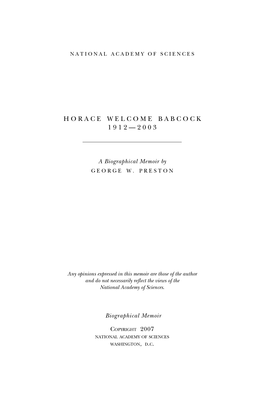 Biography of Horace Welcome Babcock