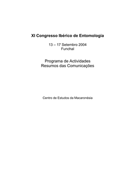 XI Congresso Ibérico De Entomologia Programa De Actividades Resumos