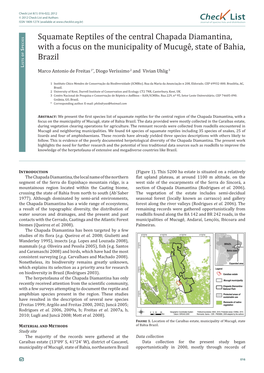 Chec List Squamate Reptiles of the Central Chapada Diamantina, with a Focus on the Municipality of Mucugê, State of Bahia, Braz