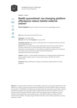 Reddit Quarantined: Can Changing Platform Affordances Reduce Hateful Material Online?