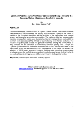 Common Pool Resource Conflicts: Conventional Perspectives to the Bagungu/Balalo -Basongora Conflict in Uganda