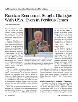 Russian Economist Sought Dialogue with USA, Even in Perilous Times by Rachel Douglas