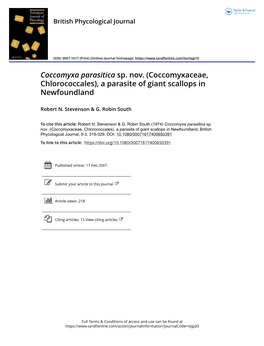 Coccomyxa Parasitica Sp. Nov. (Coccomyxaceae, Chlorococcales), a Parasite of Giant Scallops in Newfoundland