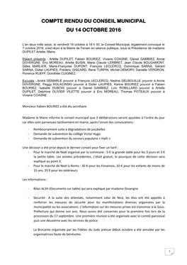 Compte Rendu Du Conseil Municipal Du 14 Octobre 2016