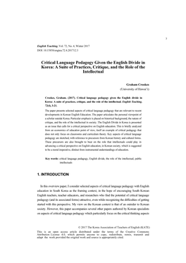 Critical Language Pedagogy Given the English Divide in Korea: a Suite of Practices, Critique, and the Role of the Intellectual