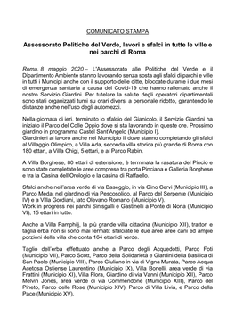 Assessorato Politiche Del Verde, Lavori E Sfalci in Tutte Le Ville E Nei Parchi Di Roma