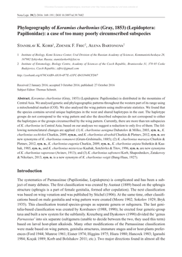 Phylogeography of Koramius Charltonius (Gray, 1853) (Lepidoptera: Papilionidae): a Case of Too Many Poorly Circumscribed Subspecies