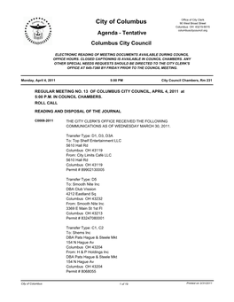 City of Columbus 90 West Broad Street Columbus OH 43215-9015 Agenda - Tentative Columbuscitycouncil.Org Columbus City Council