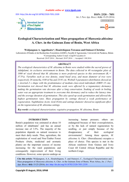 Ecological Characterization and Mass Propagation of Mansonia Altissima A