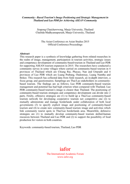 Based Tourism's Image Positioning and Strategic Management in Thailand and Lao PDR for Achieving ASEAN Community