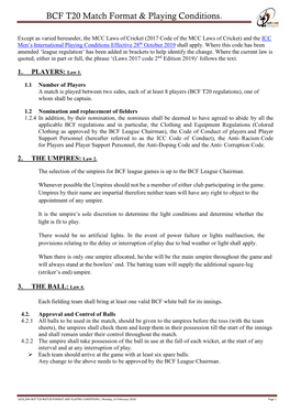 BCF T20 Match Format & Playing Conditions