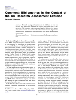 Bibliometrics in the Context of the UK Research Assessment Exercise Bernard W