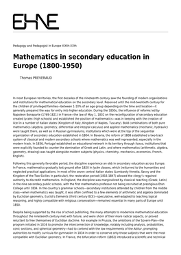 Mathematics in Secondary Education in Europe (1800-1950)