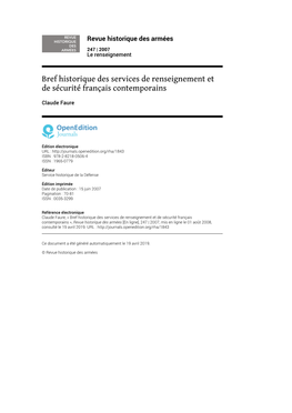 Revue Historique Des Armées, 247 | 2007 Bref Historique Des Services De Renseignement Et De Sécurité Français Contemp