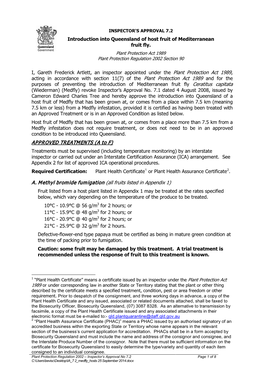 INSPECTOR's APPROVAL 7.2 Introduction Into Queensland of Host Fruit of Mediterranean Fruit Fly