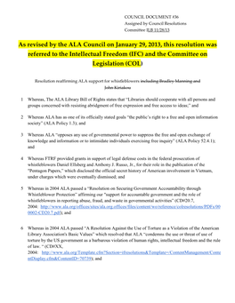 Resolution Reaffirming ALA Support for Whistleblowers Including Bradley Manning and John Kiriakou