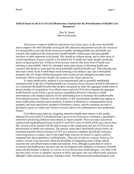 Ethical Issues in the Use of Cost Effectiveness Analysis for the Prioritization of Health Care Resources1