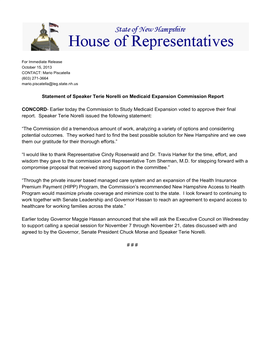 Statement of Speaker Terie Norelli on Medicaid Expansion Commission Report