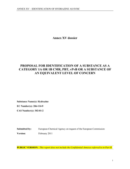 Annex XV Dossier PROPOSAL for IDENTIFICATION of a SUBSTANCE AS a CATEGORY 1A OR 1B CMR, PBT, Vpvb OR a SUBSTANCE of an EQUIVALEN