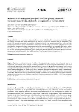 Collembola: Entomobryidae) with Description of a New Species from Sardinia (Italy)