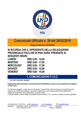 Comunicato Ufficiale N. 39 Del 20/02/2019