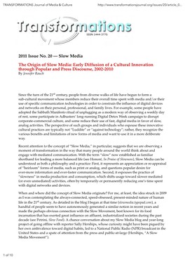 The Origin of Slow Media: Early Diffusion of a Cultural Innovation Through Popular and Press Discourse, 2002-2010 by Jennifer Rauch