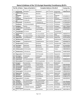 Name & Address of the 131-Kunigal Assembly Constituency BLO's