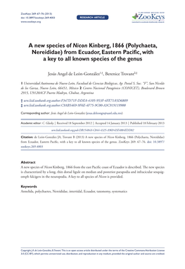A New Species of Nicon Kinberg, 1866 (Polychaeta, Nereididae) from Ecuador, Eastern Pacific, with a Key to All Known Species of the Genus