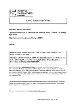 Neo-Liberal Discourse of Substance Use in the UK Reality TV Show, the Jeremy Kyle Show.Pdf