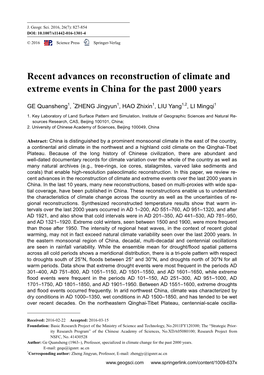 Recent Advances on Reconstruction of Climate and Extreme Events in China for the Past 2000 Years