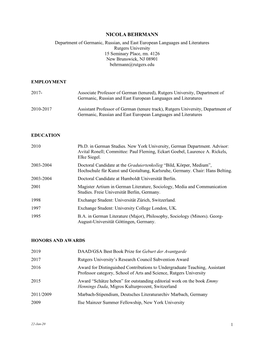 NICOLA BEHRMANN Department of Germanic, Russian, and East European Languages and Literatures Rutgers University 15 Seminary Place, Rm