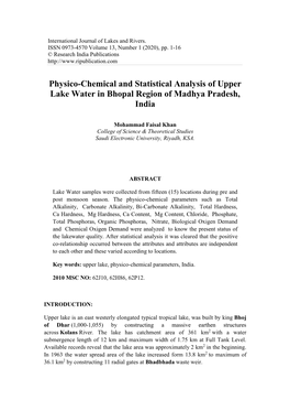 Physico-Chemical and Statistical Analysis of Upper Lake Water in Bhopal Region of Madhya Pradesh, India