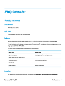 HP Indigo Customer Note Wanna Cry Ransomware