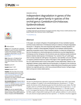 Independent Degradation in Genes of the Plastid Ndh Gene Family in Species of the Orchid Genus Cymbidium (Orchidaceae; Epidendroideae)