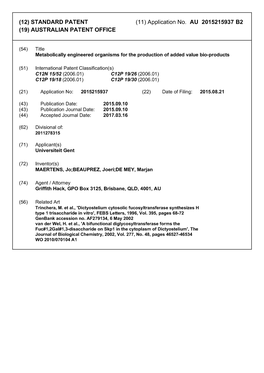 (12) STANDARD PATENT (11) Application No. AU 2015215937 B2 (19) AUSTRALIAN PATENT OFFICE