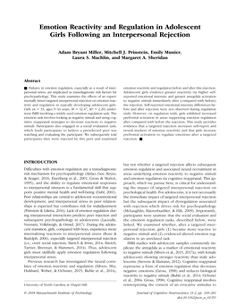 Emotion Reactivity and Regulation in Adolescent Girls Following an Interpersonal Rejection