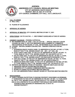 Agenda Aberdeen City Council Regular Meeting City of Aberdeen, South Dakota Monday, May 24, 2021 at 5:30 P.M