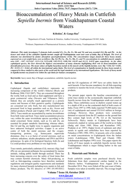 Bioaccumulation of Heavy Metals in Cuttlefish Sepiella Inermis from Visakhapatnam Coastal Waters