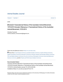 Review] a Transnational History of the Australian Animal Movement, 1970-2015 Gonzalo Villanueva, a Transnational History of the Australian Animal Movement, 1970-2015